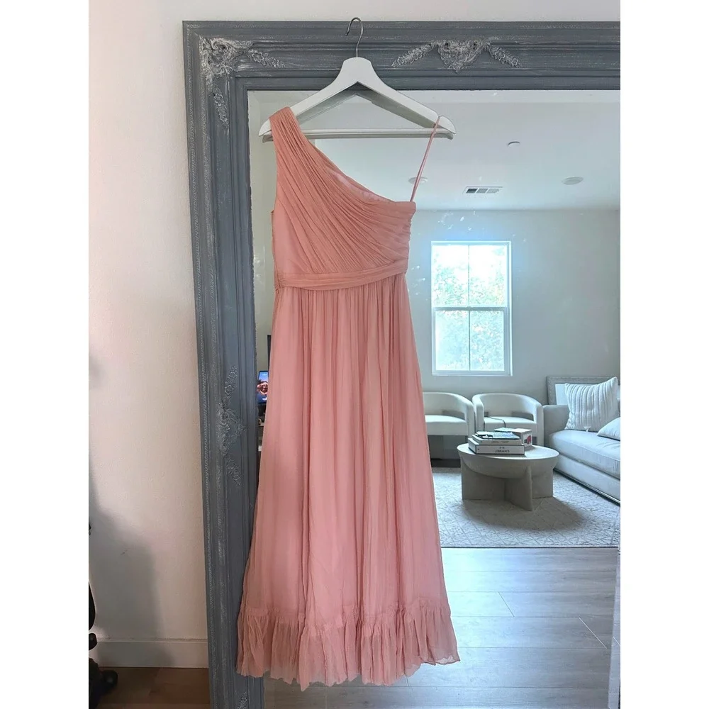 J.Crew Pink One Shoulder Crinkle Silk Chiffon Ruffle Hem Bridesmaid Midi Dress 4